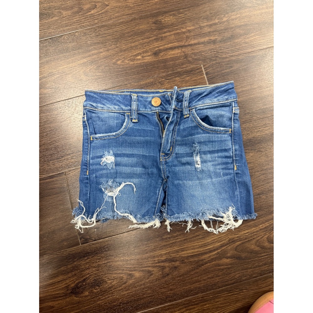 American Eagle AE Super Stretch Denim Shorts 00 Long Distressed Frayed